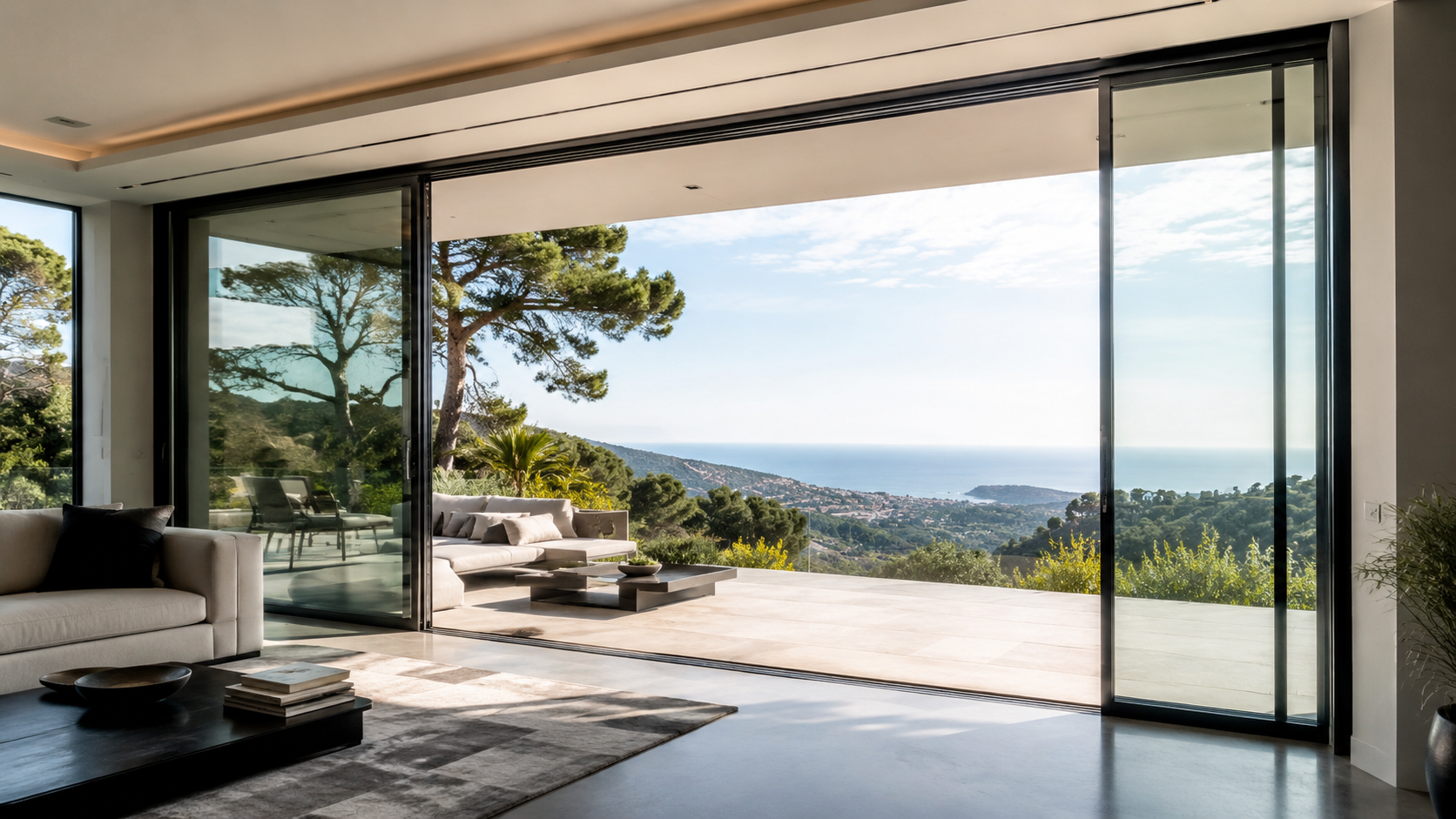 Grande baie coulissante panoramique ouvrant un séjour sur une terrasse avec vue sur la mer