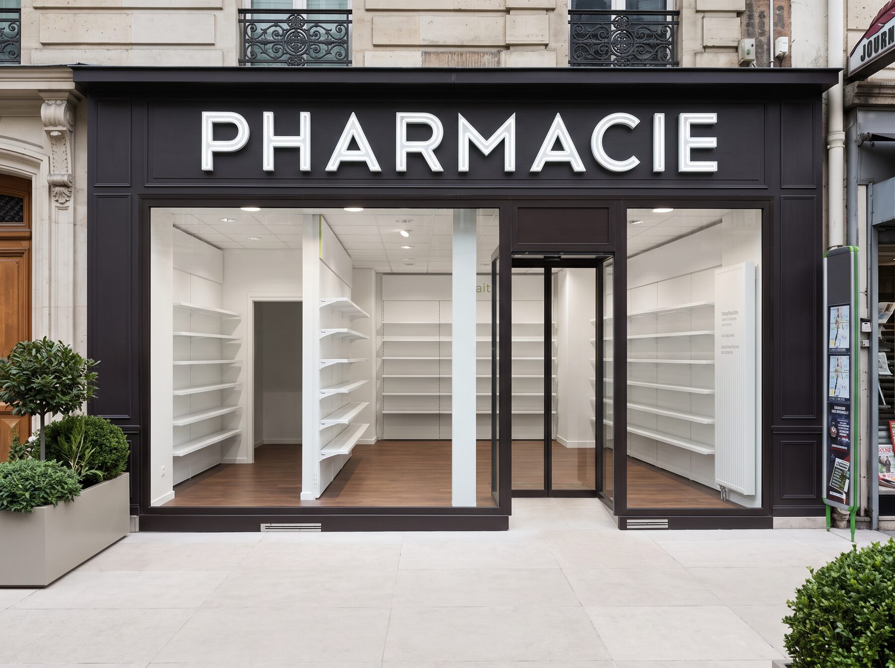 Devanture de pharmacie — Ensemble vitré et portes d'accès public