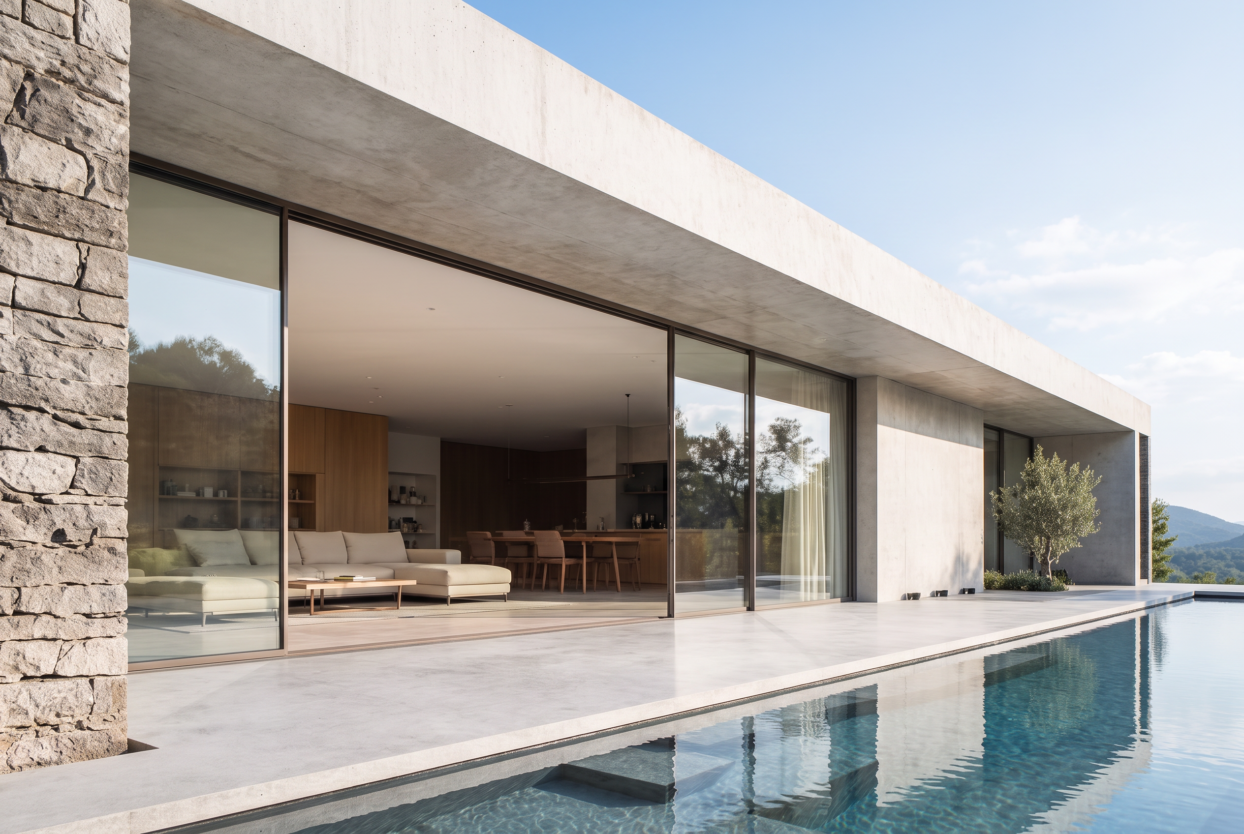 Maison contemporaine ouverte par une grande baie coulissante à profilés minimalistes