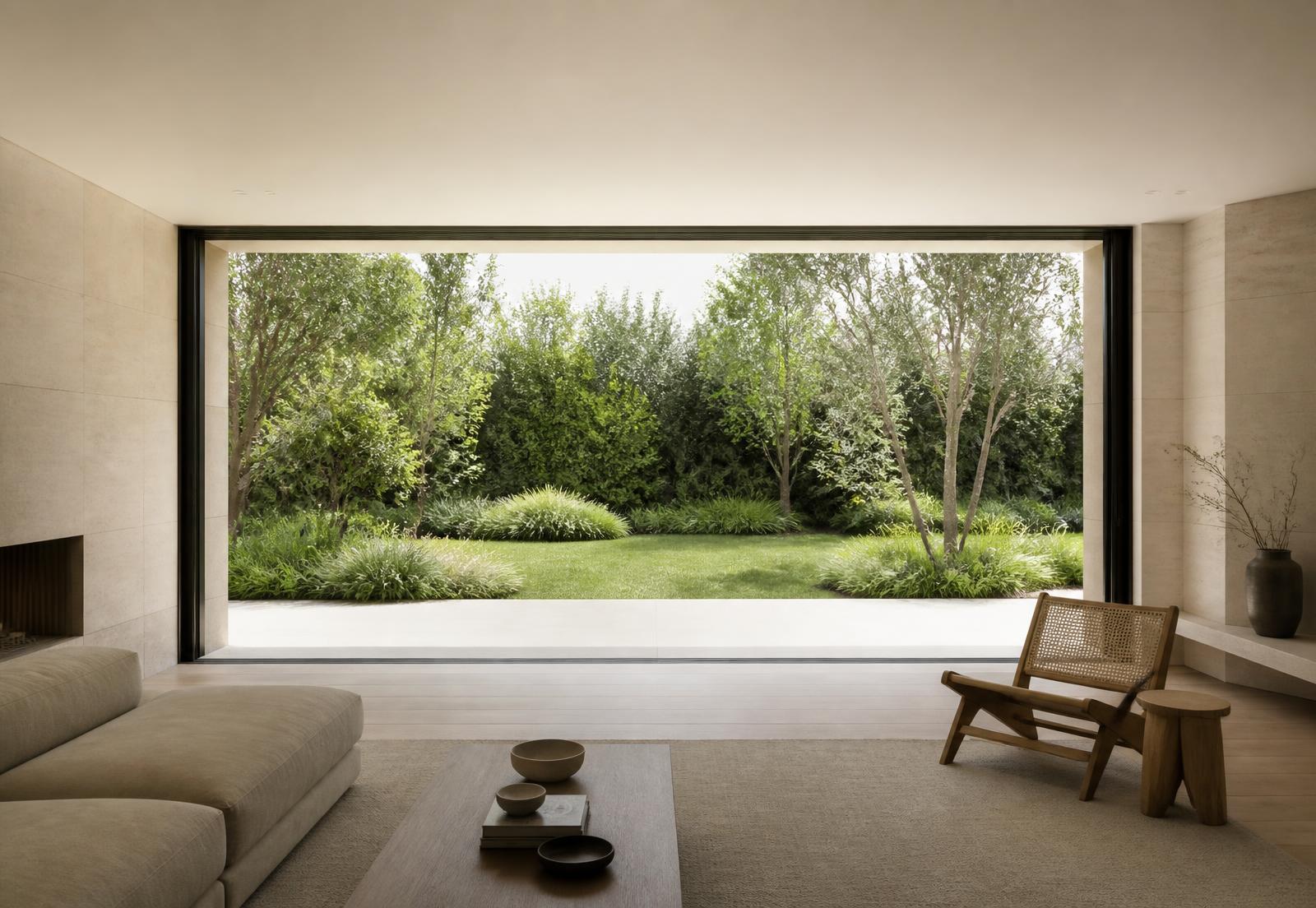 Séjour minimaliste ouvert sur un jardin par une baie coulissante panoramique